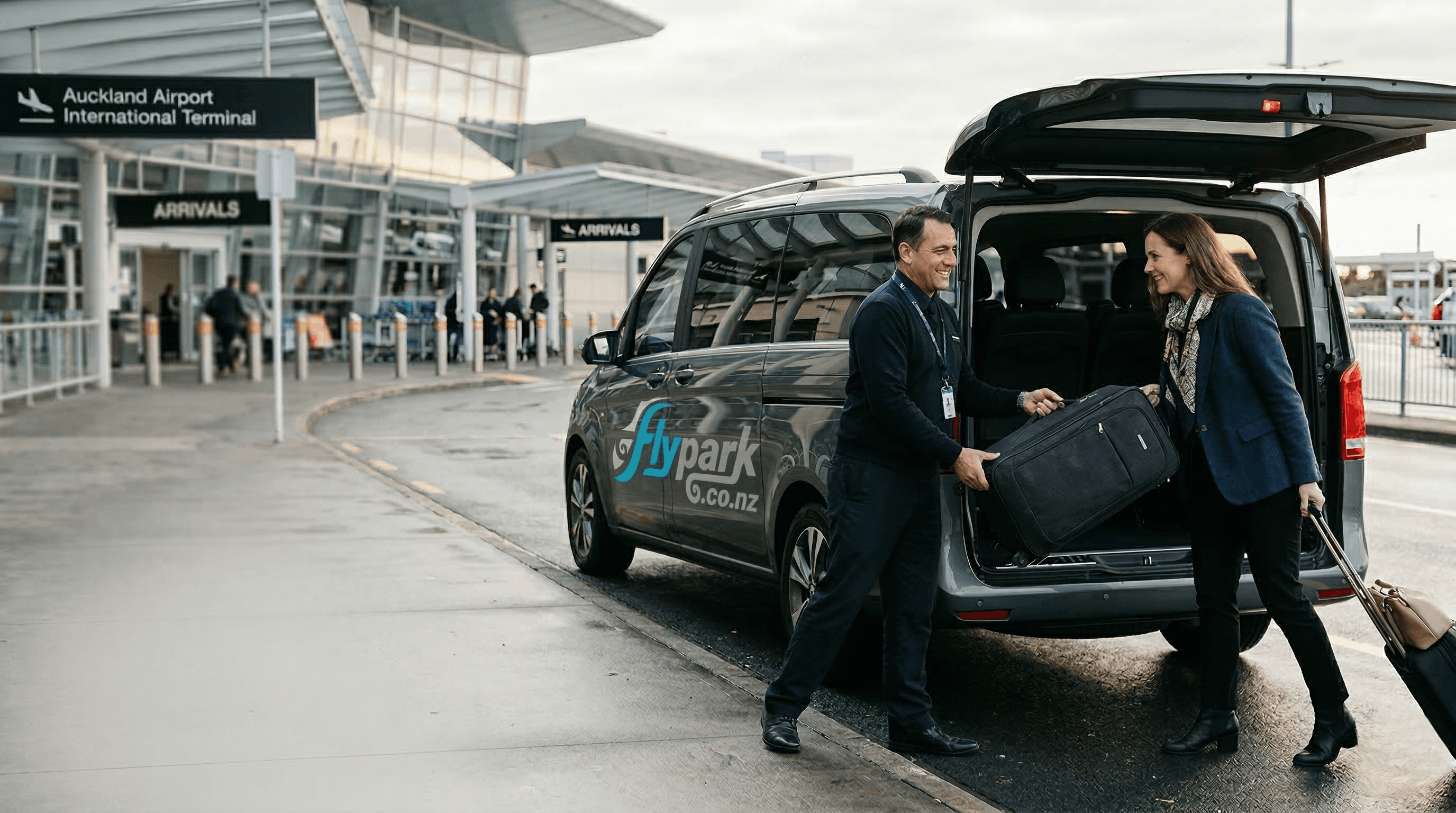 Flypark shuttle transfer at airport pickup zone